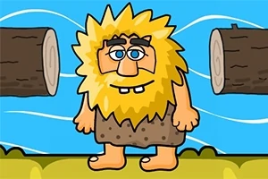 Personaje de dibujos animados con cabello amarillo y barba, ojos grandes, y vestido con ropa de cueva, de pie entre dos troncos sobre un fondo azul