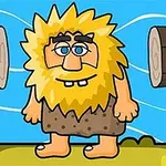 Personaje de dibujos animados con cabello amarillo y barba, ojos grandes, y vestido con ropa de cueva, de pie entre dos troncos sobre un fondo azul
