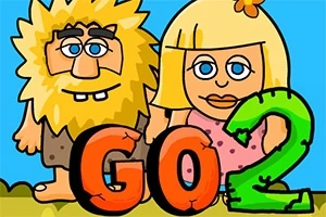Pareja de personajes caricaturescos con vestimenta prehistórica y las letras GO 2 en el frente