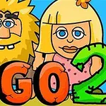 Pareja de personajes caricaturescos con vestimenta prehistórica y las letras GO 2 en el frente