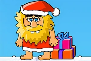 Un personaje con barba amarilla y sombrero de Santa Claus está parado frente a dos regalos en un fondo azul