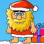 Un personaje con barba amarilla y sombrero de Santa Claus está parado frente a dos regalos en un fondo azul