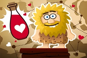 Personaje de cavernícola sonriente con cabello amarillo, acompañado de una botella roja con un corazón, y un fondo con corazones