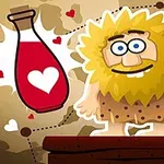 Personaje de cavernícola sonriente con cabello amarillo, acompañado de una botella roja con un corazón, y un fondo con corazones