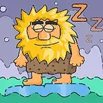Un hombre prehistórico con cabello y barba amarillo está durmiendo de pie sobre un fondo de paisaje nocturno