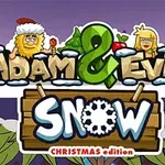 Dos personajes caricaturescos con accesorios navideños rodean un letrero que dice Adam & Eve Snow Christmas Edition sobre un fondo de montañas y árboles