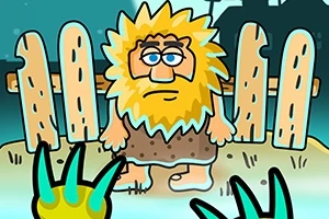 Personaje de aspecto prehistórico con cabello rubio y barba, vestido con una túnica marrón, frente a una cerca de madera