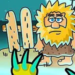 Personaje de aspecto prehistórico con cabello rubio y barba, vestido con una túnica marrón, frente a una cerca de madera