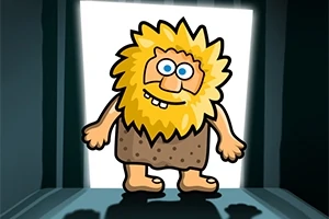 Personaje de aspecto cavernícola con pelo desordenado y barba amarilla, en un ambiente oscuro iluminado desde atrás por una puerta