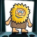 Personaje de aspecto cavernícola con pelo desordenado y barba amarilla, en un ambiente oscuro iluminado desde atrás por una puerta
