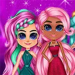 Tres personajes animados con grandes ojos posan frente a un fondo púrpura; tienen cabello en tonos pastel y visten ropa colorida