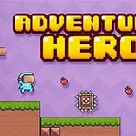 Personaje azul con casco saltando sobre plataformas con fresas y una trampa de pinchos, con un fondo morado y el texto Adventure Hero en amarillo