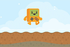 Personaje cuadrado y sonriente, de color naranja y verde, flotando sobre un terreno marrón con fondo de nubes