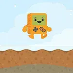 Personaje cuadrado y sonriente, de color naranja y verde, flotando sobre un terreno marrón con fondo de nubes