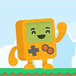 Personaje cuadrado y amarillo con pantalla verde y control de videojuegos sonriente sobre un fondo de nubes y cielo azul