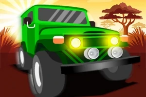 Un jeep verde con luces frontales encendidas en un paisaje al atardecer con árboles y arbustos en el fondo