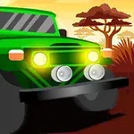 Un jeep verde con luces frontales encendidas en un paisaje al atardecer con árboles y arbustos en el fondo