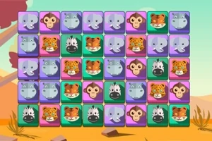Cuadrícula de iconos coloridos con caras de animales como elefantes, tigres, y monos en un fondo de paisaje desértico
