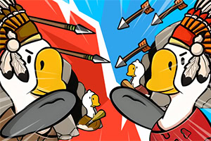 Patos caricaturescos vestidos como guerreros con plumas, divididos por un fondo azul y rojo con flechas volando