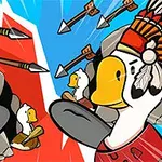 Patos caricaturescos vestidos como guerreros con plumas, divididos por un fondo azul y rojo con flechas volando