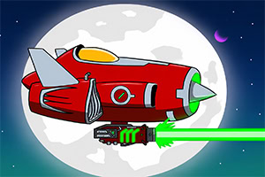 Nave espacial roja estilo caricatura disparando un rayo láser verde frente a la Luna llena
