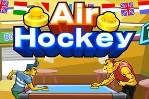 Dos personajes animados jugando air hockey en una mesa mientras varias banderas cuelgan en el fondo