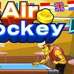 Dos personajes animados jugando air hockey en una mesa mientras varias banderas cuelgan en el fondo