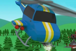 Helicóptero azul con rayas amarillas y blancas volando sobre un bosque verde