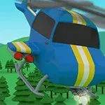 Helicóptero azul con rayas amarillas y blancas volando sobre un bosque verde
