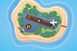 Isla con pista de aterrizaje, vegetación y aviones desde una vista aérea