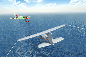 Avión volando sobre el océano con una isla y una torre de control a la distancia