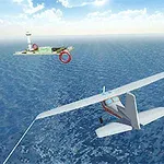 Avión volando sobre el océano con una isla y una torre de control a la distancia