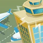 Imagen de una torre de control de aeropuerto y dos aviones en la pista, con diseño ilustrado y colores predominantes azul y beige