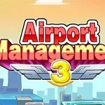 Título colorido Airport Management 3 sobre un fondo de ciudad al atardecer