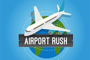 Avión volando sobre un globo terráqueo con el texto Airport Rush en un fondo azul
