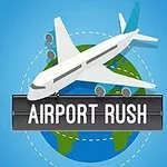 Avión volando sobre un globo terráqueo con el texto Airport Rush en un fondo azul