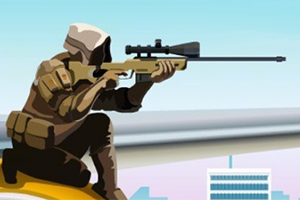 Francotirador encapuchado en postura de disparo sobre un edificio con un rifle de precisión