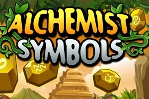 Título Alchemist Symbols con hexágonos dorados y símbolos místicos, rodeado de hojas verdes y una pirámide al fondo