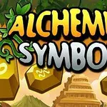 Título Alchemist Symbols con hexágonos dorados y símbolos místicos, rodeado de hojas verdes y una pirámide al fondo