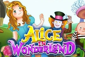 Personajes de cuento rodeados de naturaleza, con letras coloridas que dicen Alice in Wonderland