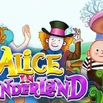 Personajes de cuento rodeados de naturaleza, con letras coloridas que dicen Alice in Wonderland