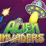 Personaje astronauta disparando a un platillo volador con extraterrestres en un fondo espacial colorido
