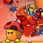 Hongos con expresiones caricaturescas y extraterrestres en trajes espaciales flotando en un fondo espacial rojo con asteroides