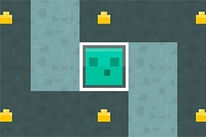 Un bloque verde con cara pixelada en el centro rodeado de pequeños bloques amarillos sobre un fondo gris oscuro