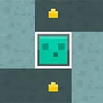 Un bloque verde con cara pixelada en el centro rodeado de pequeños bloques amarillos sobre un fondo gris oscuro