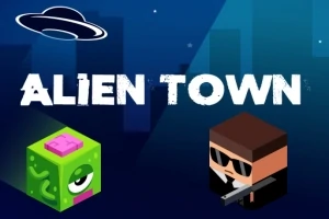 Fondo urbano oscuro con un platillo volador en la esquina superior izquierda, un personaje alienígena verde y un personaje con gafas de sol y pistola, acompañados del texto ALIEN TOWN