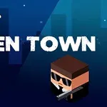 Fondo urbano oscuro con un platillo volador en la esquina superior izquierda, un personaje alienígena verde y un personaje con gafas de sol y pistola, acompañados del texto ALIEN TOWN