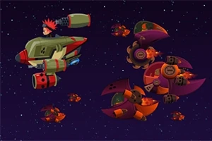 Nave espacial con personaje de casco rojo enfrentándose a varios enemigos en el espacio exterior