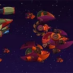 Nave espacial con personaje de casco rojo enfrentándose a varios enemigos en el espacio exterior