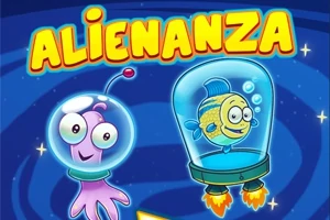 Dibujo de un extraterrestre púrpura y un pez amarillo en un fondo espacial con estrellas